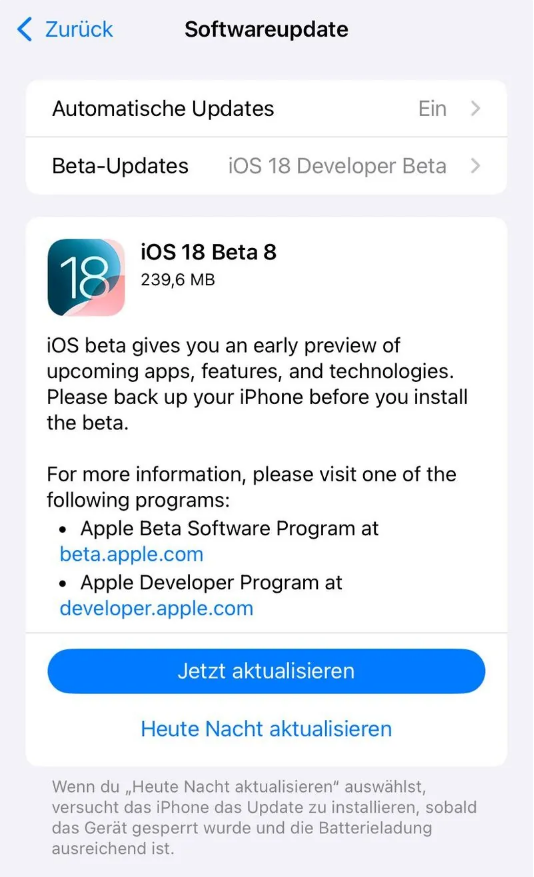 佛子山镇苹果手机维修分享苹果 iOS / iPadOS 18 开发者预览版 Beta 8 发布 